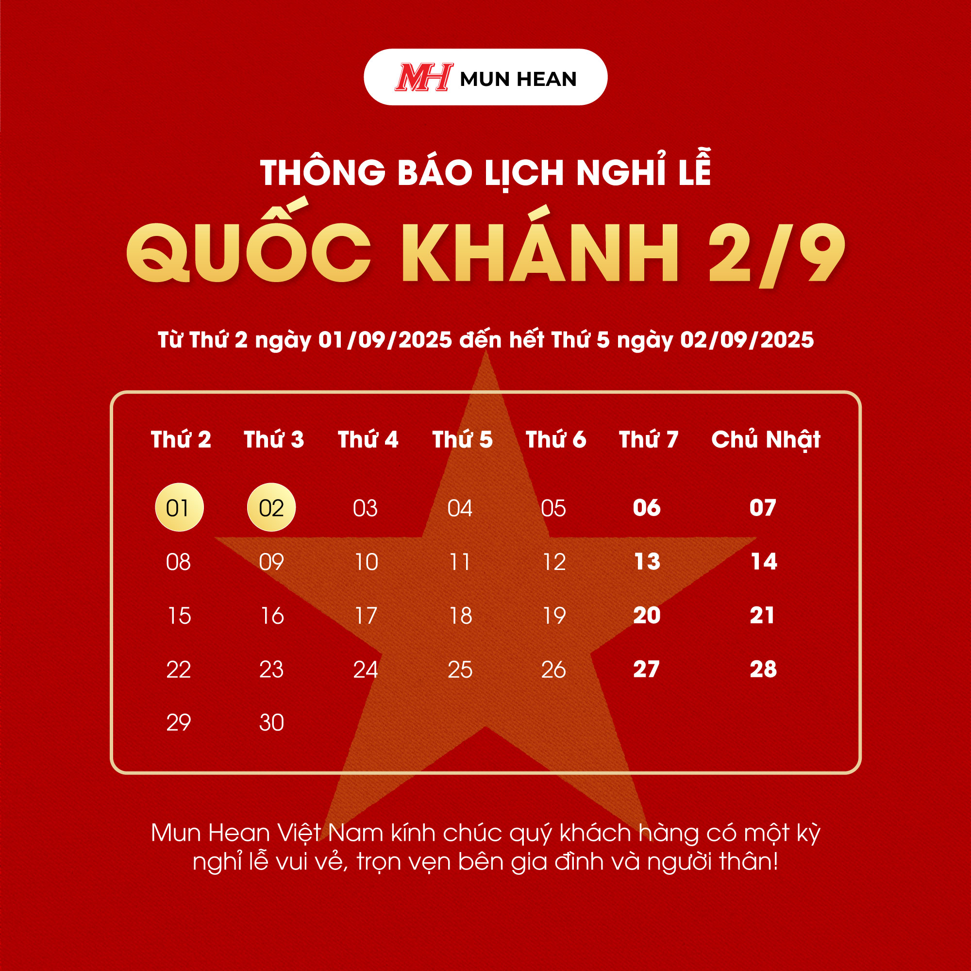 THÔNG BÁO NGHỈ LỄ QUỐC KHÁNH 02/09/2025