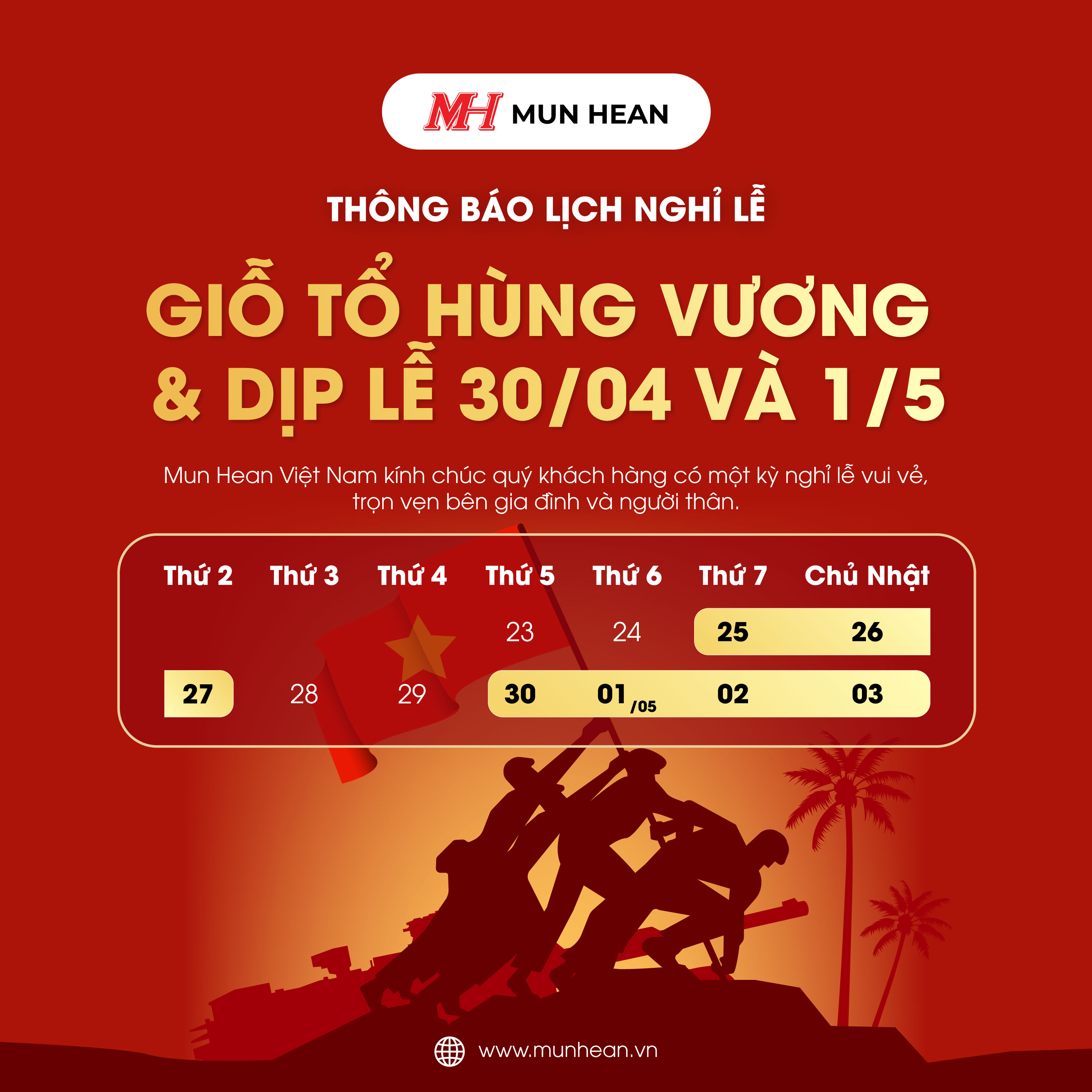 THÔNG BÁO LỊCH NGHỈ LỄ GIỔ TỔ VÀ 30/04 - 1/5 NĂM 2026